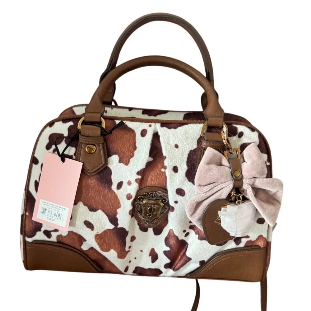 Juicy Brown Cow Western Chic Satchel Bag Crossbody Strap Charm Bag Bow Heart NWT